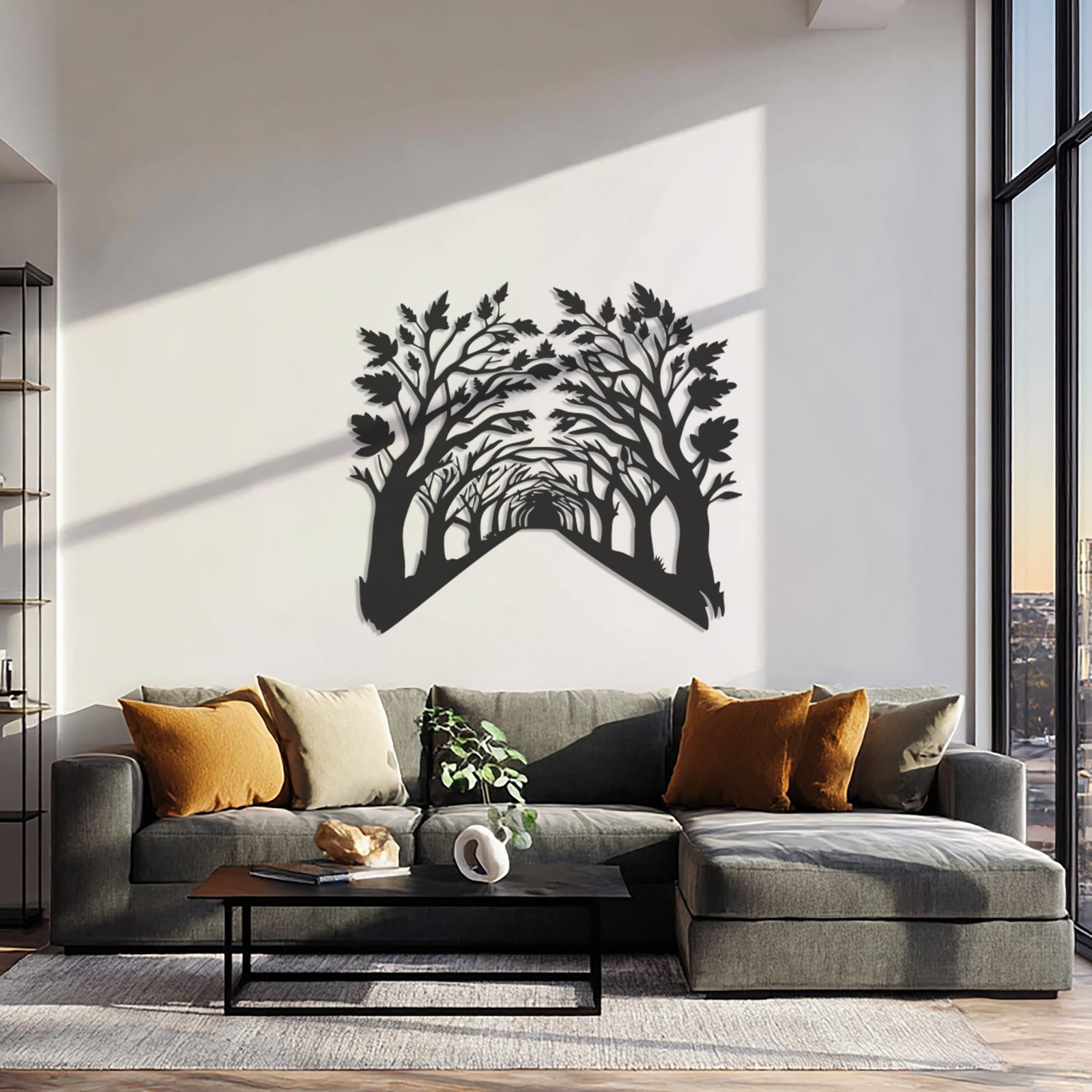 Laser-cut steel forest path wall art above a living room sofa