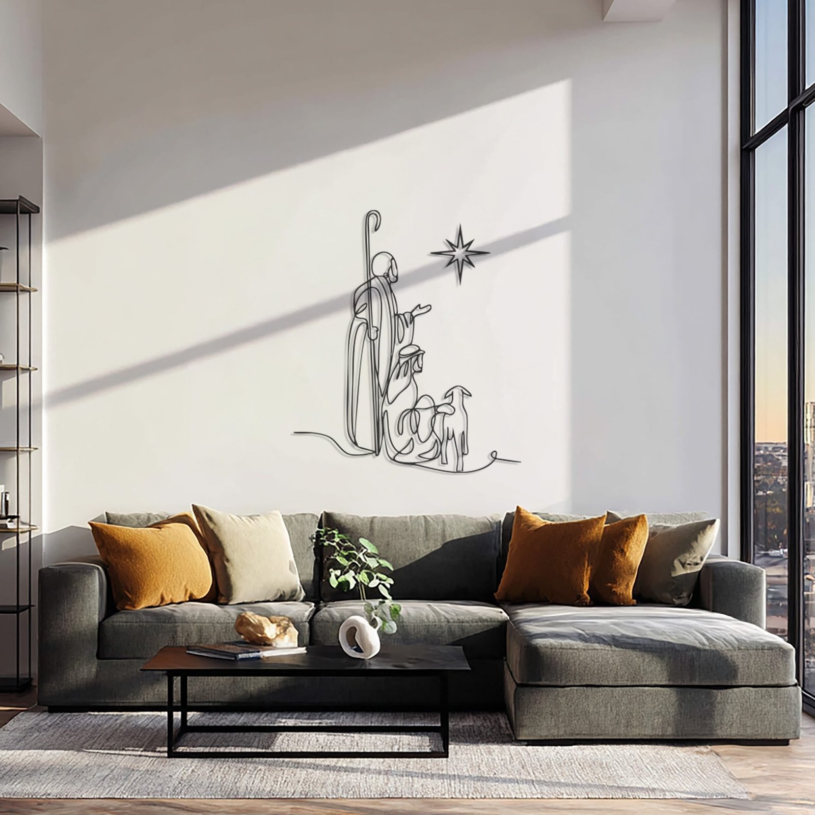 Large metal wall art above a sofa, showing scale